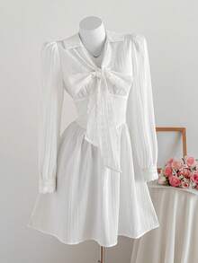 Comfortcana 女士时尚蝴蝶结装饰长袖迷你连衣裙 - 白色 - 查看 4