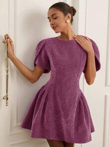 Revavyn Tulip 3D Short Sleeve Round Neck Hem Split Puff Skirt Mini Princess Dress For Women - Purple - View 6