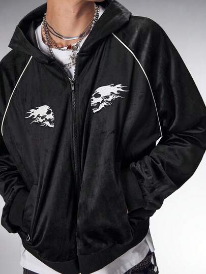 Friday the 13th X ROMWE Men's Skull Print Zip-Up Hoodie Sweatshirt, Autumn