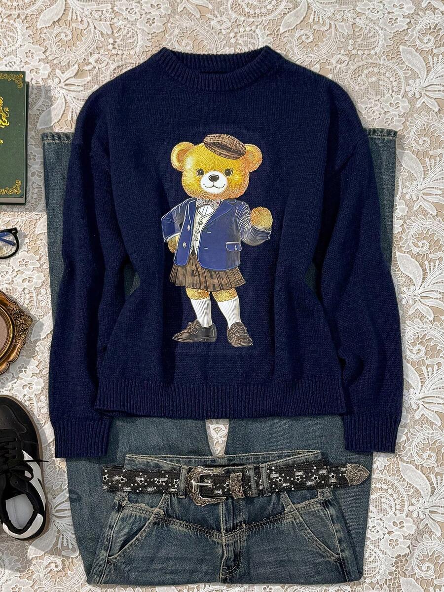 SHEIN EZwear 海军蓝学院风女款小熊毛衣，超级显白的海军蓝，适合秋冬，B2 - 彩色 - 查看 1