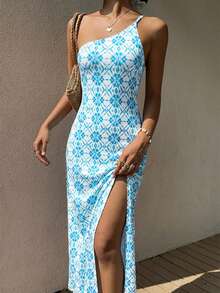 Vivid Eden 度假风露背高开衩波西米亚风多色印花女装 - 藍白色 - 查看 5