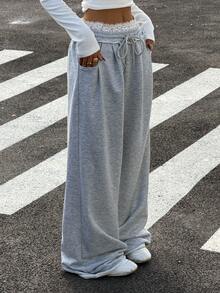 Muchica Women's From Spring To Summer Street Style Casual Sporty Basic French Gray Stretch Lace Waist Belt Straight Leg Loose Pants Y2K - Grey - View 3