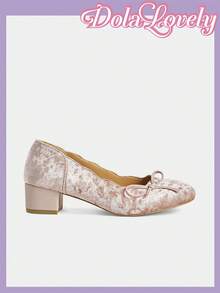 Dola Lovely 女士粉色丝绒时尚经典可爱蝴蝶结学院风洛丽塔风格玛丽珍低跟鞋 - 淺粉色 - 查看 3