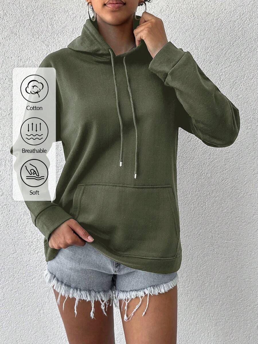 EURMUSE Women's Solid Color Drop Shoulder Drawstring Hoodie - Khaki - View 1