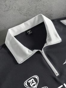 PAVTROS Men's Letter Print Contrast Color Short Sleeve Casual Polo Shirt, Men's Quarter Zip Polo, Men's Racing Polo - Dark Grey - View 4