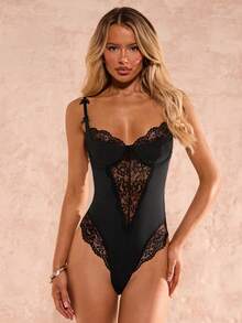 SHEIN Glamour Women's Fashionable Sexy Lace Patchwork Bodysuit - Black - View 6
