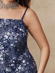 Anewsta Đầm dạ hội dài ôm sát màu xanh biển đậm đính sequin, kiểu dáng thanh lịch, lãng mạn dành cho nữ cỡ lớn, thích hợp cho mùa hè, ngày Valentine, hoặc các dịp trang trọng khác. - Màu xanh hải quân - Xem 2