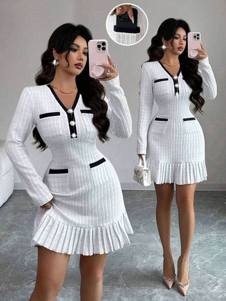 Elenzga New Women's Knitted Tweed Elastic Fabric V-Neck Color Block Fitted Casual Everyday Versatile Elegant Young Lady Short Dress, Autumn/Winter