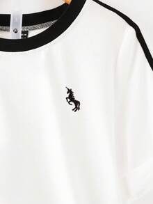 GlowEve 2 件女士时尚圆领刺绣印花撞色饰边 T 恤，休闲松紧腰刺绣阔腿裤套装