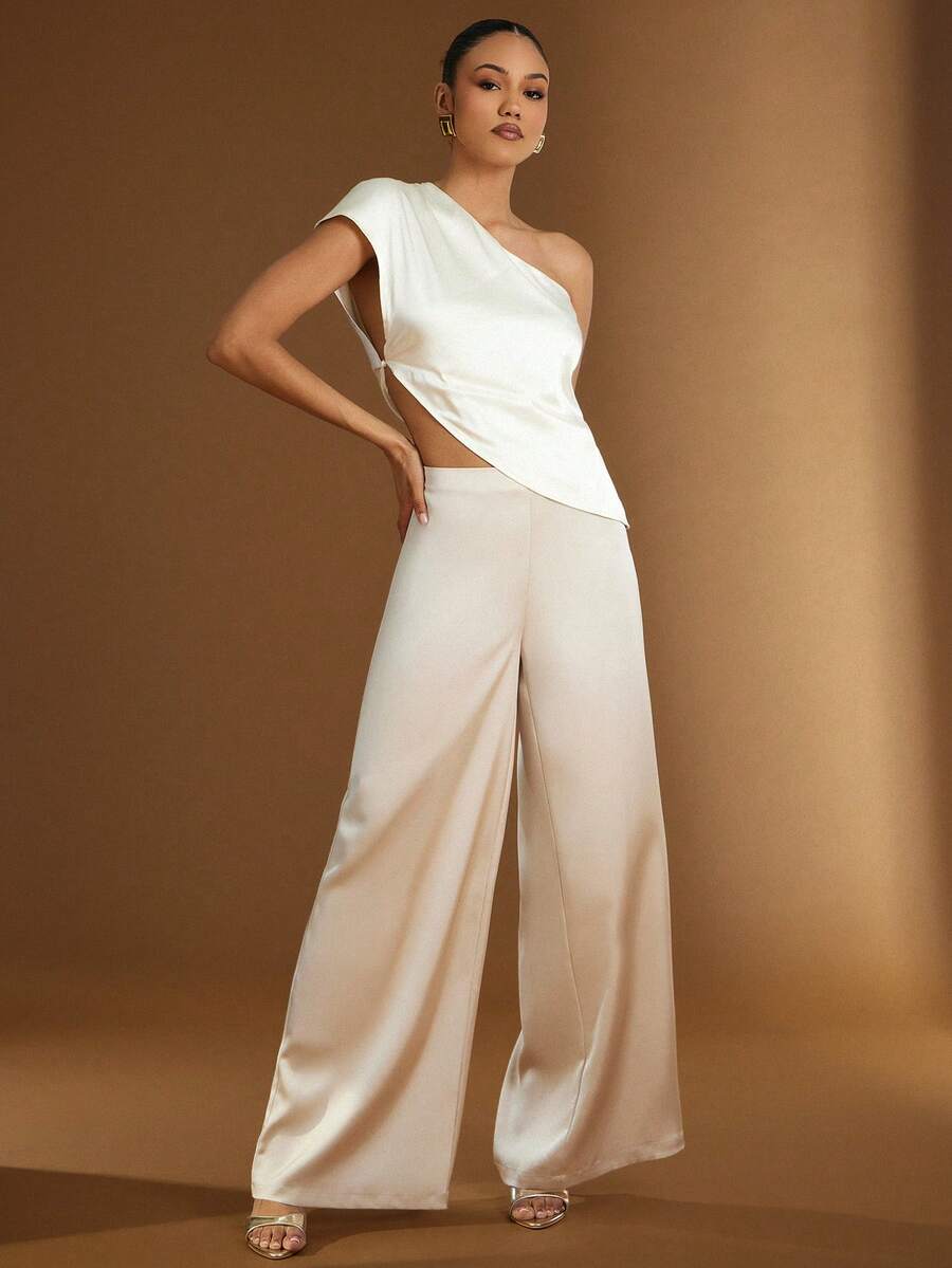 Hauture 女士简约日常外出性感优雅阔腿象牙色缎面裤 - 杏色 - 查看 1