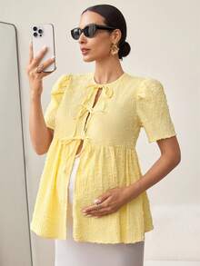MaterniWear Maternity Round Neck Short Puff Sleeve Front Tie Fashionable Nursing Top - Yellow - View 1