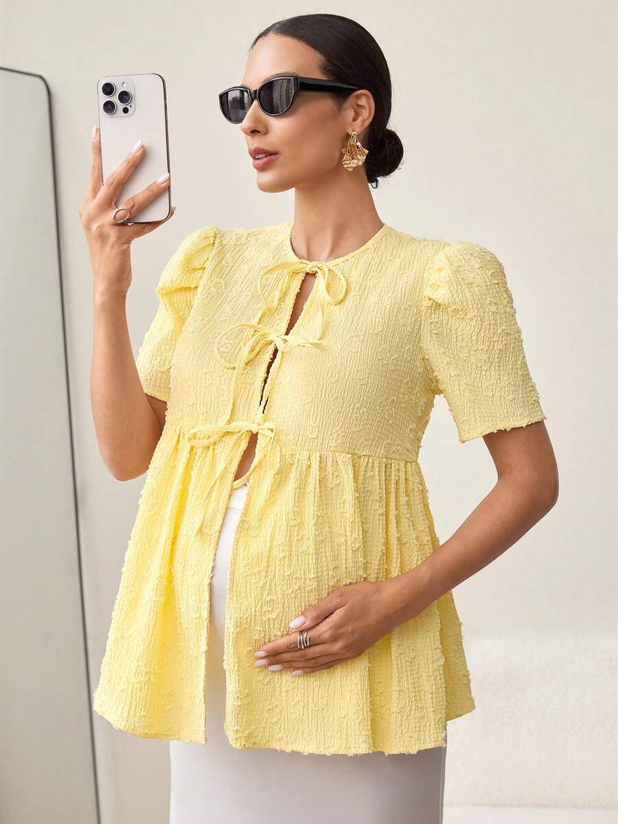 MaterniWear Maternity Round Neck Short Puff Sleeve Front Tie Fashionable Nursing Top - Yellow - View 1