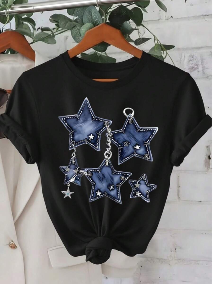 Mujer casual camiseta estampado gráfico estrella estrellas estrellada rock rockstar cadenas estoperoles urbano linda tierna cute rayas rayones dibujo letras creativo ajuste regular cuello redondo manga corta primavera verano uso diario comoda fresca ligera - Negra - Ver 1