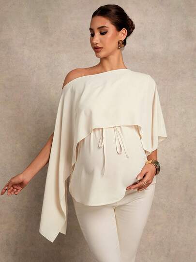 MaterniChic Maternity Clothes Maternity Tops Elegant Maternity Solid Color Asymmetrical Neck Twist 2 In 1 Shirt Elegant