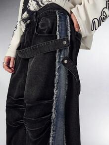 ROMWE MEN Street Life 男士深色水洗拼接朋克牛仔裤 - 黑色 - 查看 2