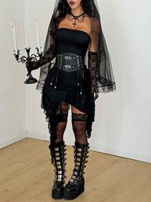 Coolane 女士夏季音乐会服装 西式度假装 Y2K 辣妹风弹力抹胸不对称荷叶边无袖连衣裙 - 黑色 - 查看 2