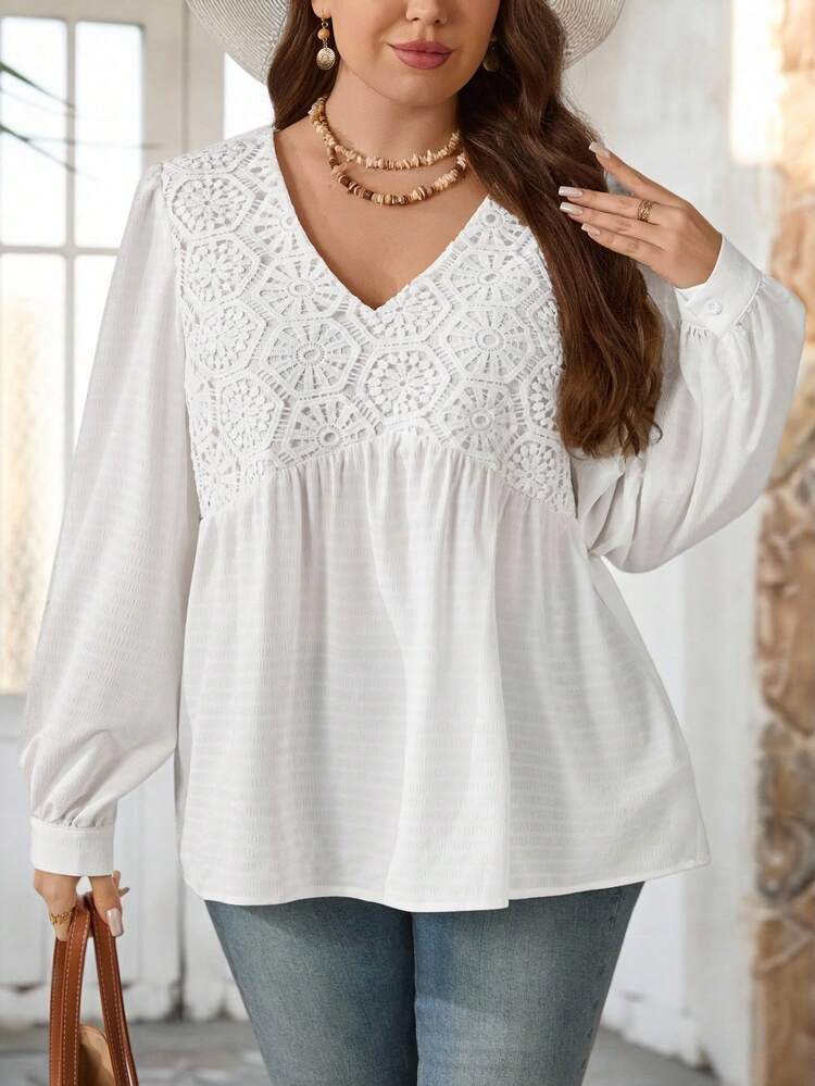 Plus Size Women's Fall/Early Spring Casual Fashion Vacation V-Neck Lace Patchwork Long Sleeve Blouse Top, Going Outs, 2026 New , Simple And Fashionable For Everyday Wear, Vacations Women , Holidays For Women, Spring Women, Valentine's Day , Valentines For Women