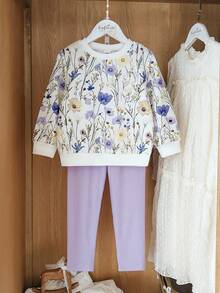 SHEIN Vintaside Kids 女童黄色渐变花卉长袖卫衣和罗纹打底裤套装，时尚可爱，适合春秋季穿着 - 紫色 - 查看 4