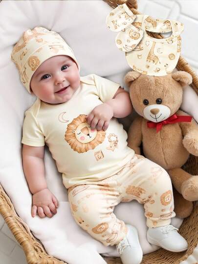 SHEIN 5件套新生男宝宝夏季可爱柔软小熊印花针织透气短袖连体衣+印花长裤+帽子+围兜+手套