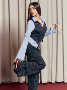 Criza Taa 2 件套女士夏季条纹翻领单排扣背心和宽松长裤休闲套装 - 黑色 - 查看 3