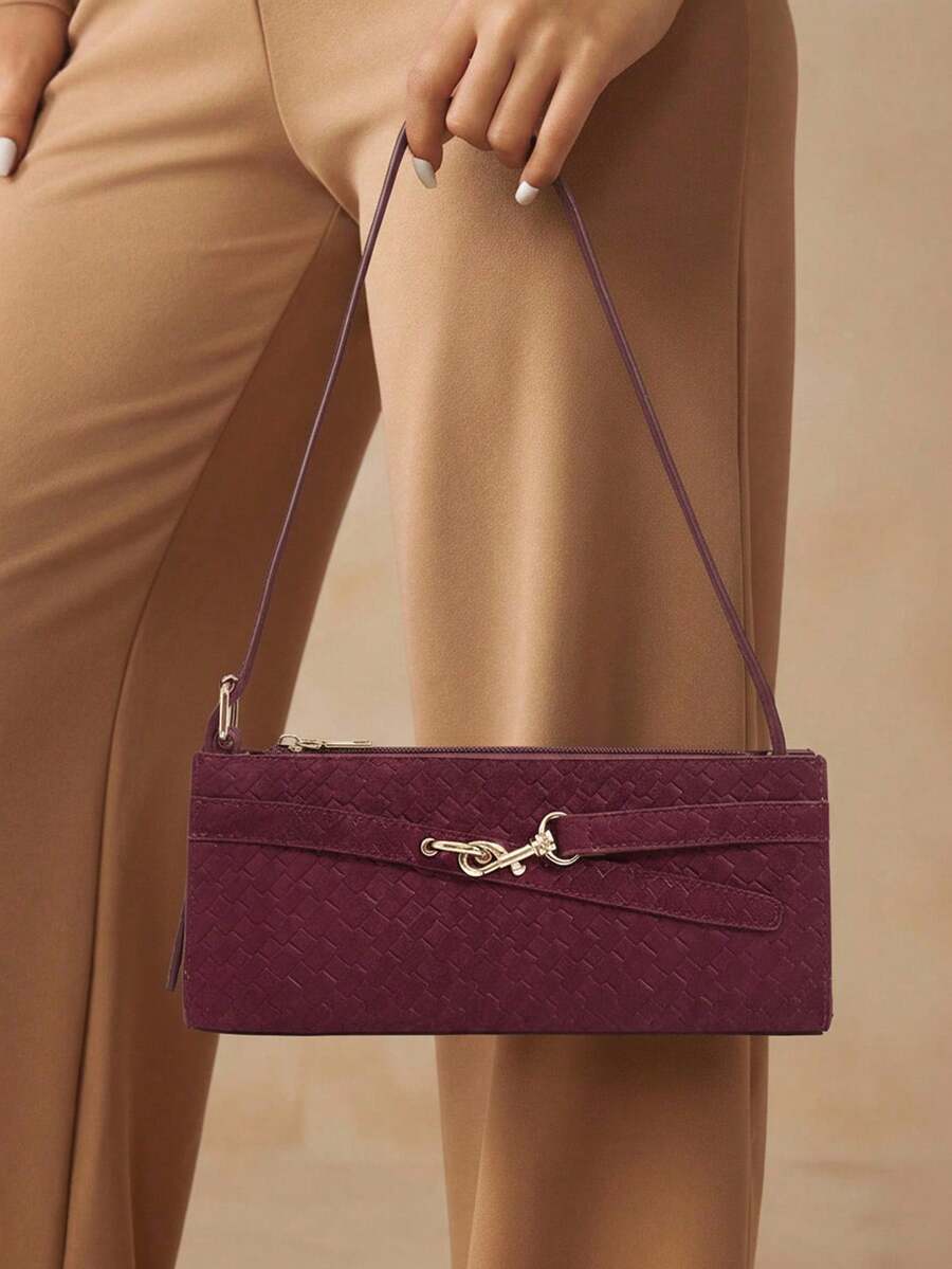 SHEIN SXY 1 件女士麂皮单肩包/流浪包，时尚优雅，简约百搭，可定制，经典款式，适合通勤、办公、约会、日常、购物、下午茶、情人节、新年等场合。 - 紅木色 - 查看 1