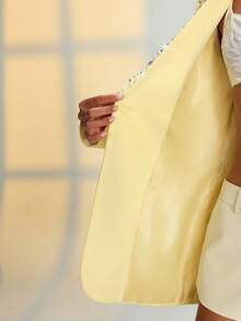 EURMUSE Áo blazer nữ tay dài màu trơn, cổ áo rách, trang nhã, đính ngọc trai giả. - Màu vàng - Xem 5