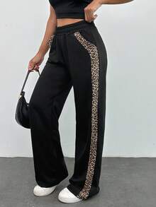 EURMUSE Leopard Trim Belly Detailed Long Wide Leg Black Pants - Black - View 7