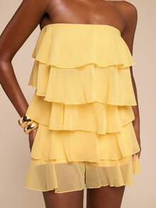 SHEIN BAE Yellow Cream Ruffled Hem Elegant Jumpsuit, Spring/Summer - Yellow - View 3