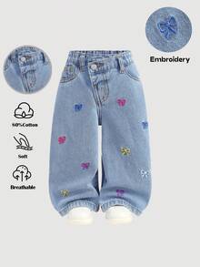 女婴彩色蝴蝶结刺绣图案蓝色牛仔宽松腰不对称裤 - 淺色水洗藍 - 查看 1