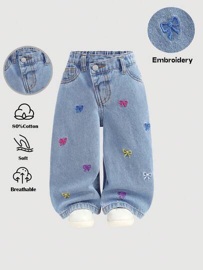 Baby Girl Cute Colorful Bow Embroidered Pattern Blue Denim Loose Waist Asymmetrical Pants,Fall Clothes,Winter Clothing ,Casual And Fashionable Vacation Outfits,Streetwear,2000s Style  ,Christmas Clothing,Embroidered  Pants,Baby Girl  Denim  Pants