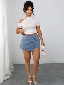 SHEIN Elenzya Plus Size Women Elegant & Comfortable Light Blue Stretch Denim Skirt - Light Wash - View 3