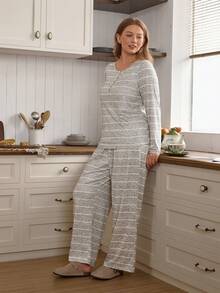 Doze Lane Plus Size American Casual Striped Crew Neck Long Sleeve Top And Straight Leg Pants Women Pajama Set Long Sleeve Pj Set Knit Pajama Set Women Lounge Set Long Sleeve Lounge Set Women's Lounge Set - Grey - View 5