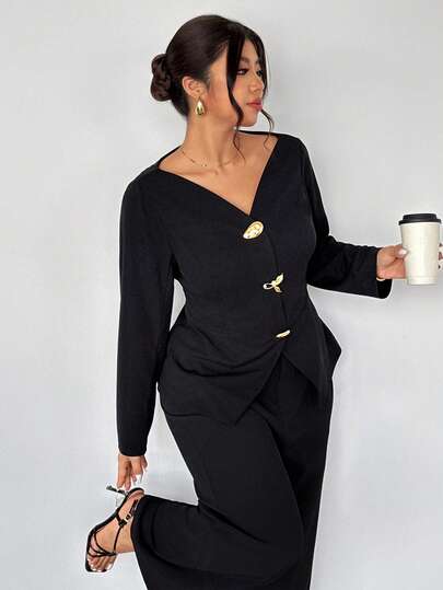 Firerie Plus Size Modern Kavaj Med Metallspänne