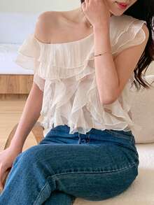 DAZY Áo kiểu trễ vai xếp ly màu trơn thời trang dành cho nữ - Màu be - Xem 3