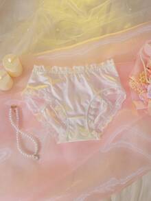 DelicateAllure 1件蕾丝边网纱拼接高档女士丁字裤 - 白色 - 查看 6