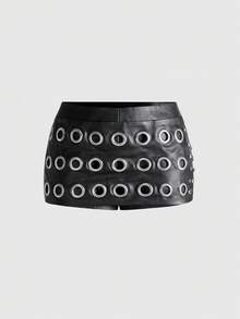 ROMWE Avant Spring/Summer Carnival Party Casual Black Holiday Party Sexy Metallic Studded Super Low Waist Mini Shorts - Black - View 7