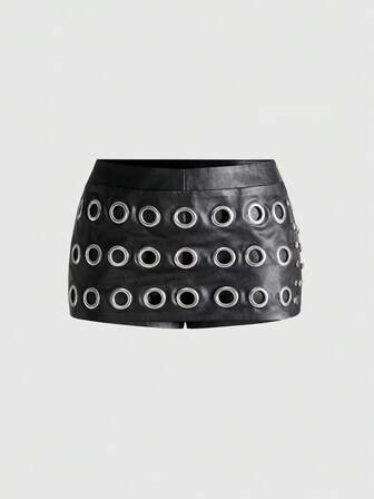 ROMWE Avant Shorts mini de cintura súper baja con tachuelas metálicas y estilo sexy para fiestas navideñas