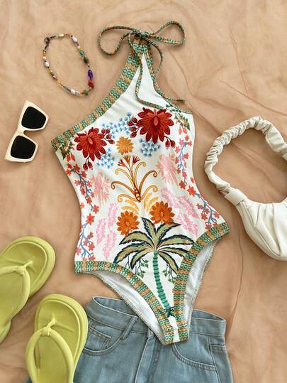 Soleia Vacation Outfits For Women Beach Outfits For Women New Vacation Knit Printed Asymmetrical Shoulder Tie Bodysuit For Women