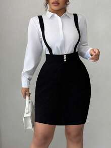 Elenzga 大码女式优雅休闲吊带修身半身裙 - 黑色 - 查看 5