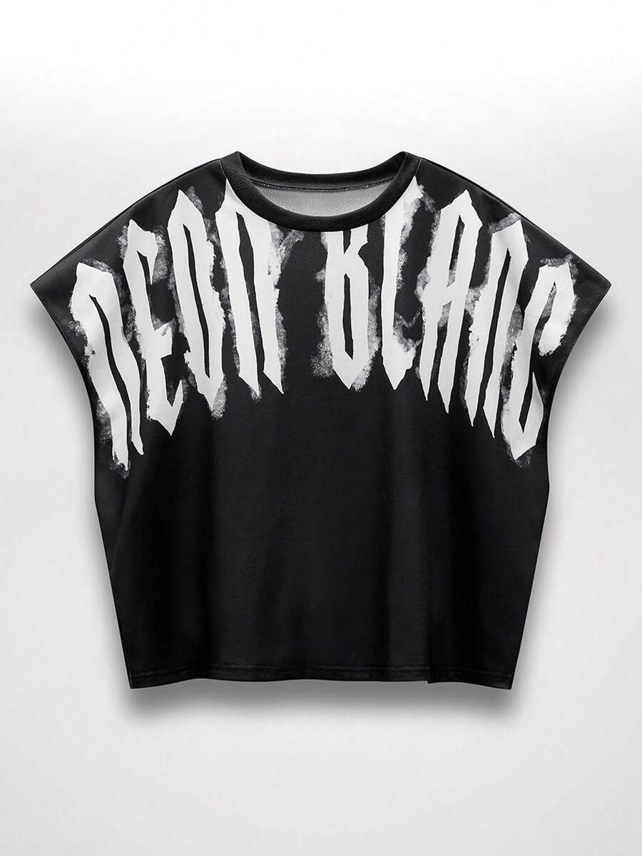 NEON BLANC 男士无袖T恤，宽松休闲短款，针织面料，时尚字母印花，背心，百搭街头风背心上衣 - 黑色 - 查看 1