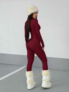 StreetHx Bộ áo liền quần dài tay màu trơn kiểu dáng đường phố dành cho nữ, có khóa kéo nửa thân, thích hợp cho mùa thu. - Màu Đỏ Sâu - Xem 2