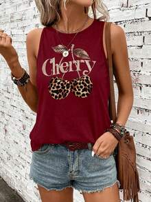 SHEIN LUNE 女士休闲度假豹纹樱桃字母图案背心，夏季 - 彩色 - 查看 6