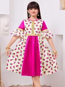 Tween Girl Pink Floral Autumn Elegant Party Dress,Round Neck Gold Ribbon Contrast Burgundy Rose Modest Arabic Traditional Clothing Abaya Patchwork - Multicolor - View 5