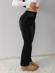 SHEIN Tall CURVE Casual Fashion Fall Autumn Winter Halloween Christmas National Day Streetwear Birthday Business Casual Woman Country Vintage Modest Old Money Business Casual Woman Work Thermal Lined Jeans Versatile Slim Fit Plus Size Women Button Denim Jeans Classic Blue Stretchy Skinny Jeans Comfortable Everyday Denim Pants - Black - View 3