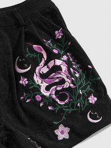 ROMWE Goth Quần short nữ kiểu cổ điển thêu họa tiết dây leo bí ẩn, hình ngôi sao, mặt trăng và rắn. - màu đen - Xem 4