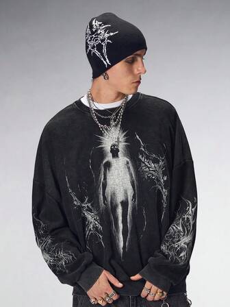 Goth Men's Casual Portrait Graphic Crew Neck Sweatshirt, Autumn