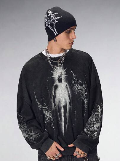 Goth Felpa girocollo casual da uomo con grafica ritratto, autunnale