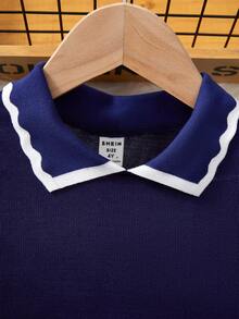 Elladie kids 年轻女孩彼得潘领时尚法式短袖派对连衣裙 - 寶藍色 - 查看 4