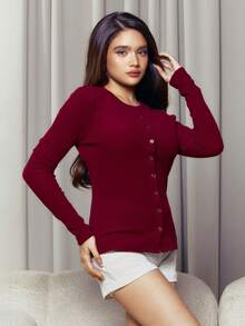 Criza Taa 罗纹纽扣长袖圆领上衣，休闲度假机场出行秋冬圣诞节优雅假日派对必备 - 酒紅色 - 查看 5