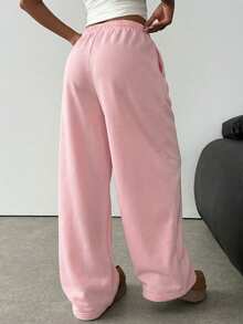 SHEIN Teen Girl Knitted Solid Pink Loose Casual Drawstring Pocket Wide Leg Sweatpants
